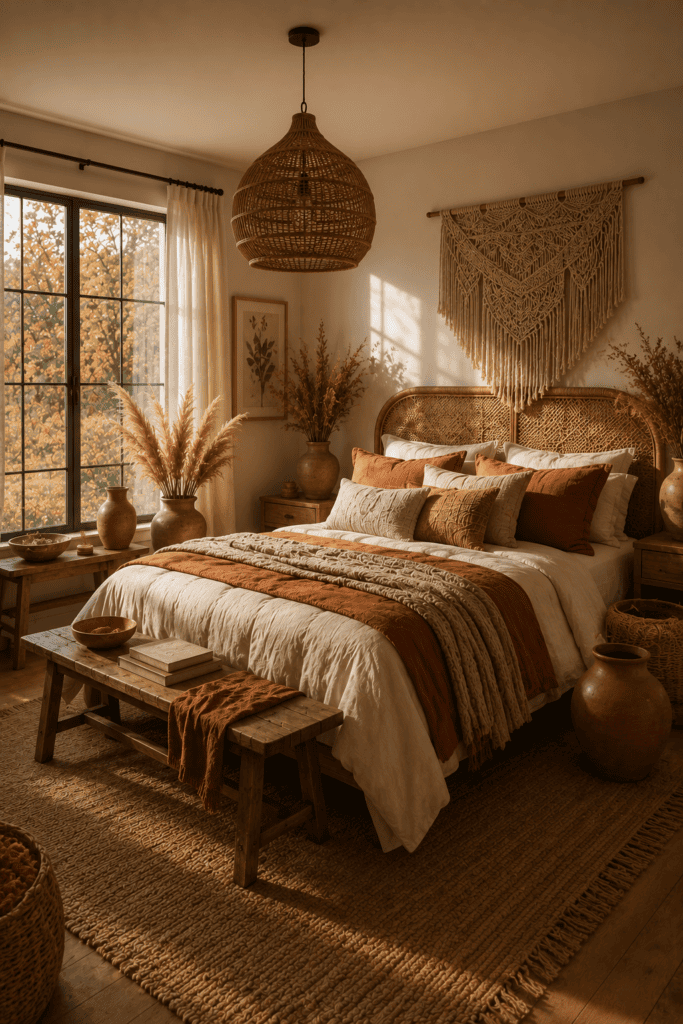 Boho fall bedroom with rattan furniture, pampas grass, and layered natural textures.