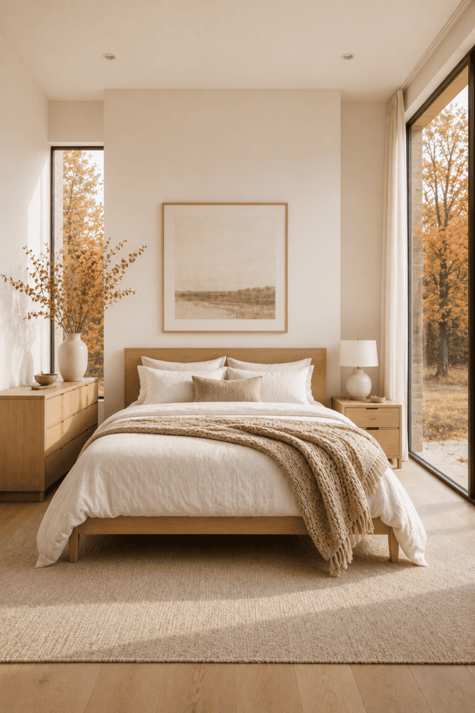 Minimalist fall bedroom with neutral decor, oak furniture, and cozy seasonal textures.