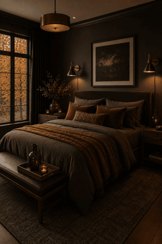 Moody autumn bedroom with dark walls, velvet bedding, and warm ambient lighting.