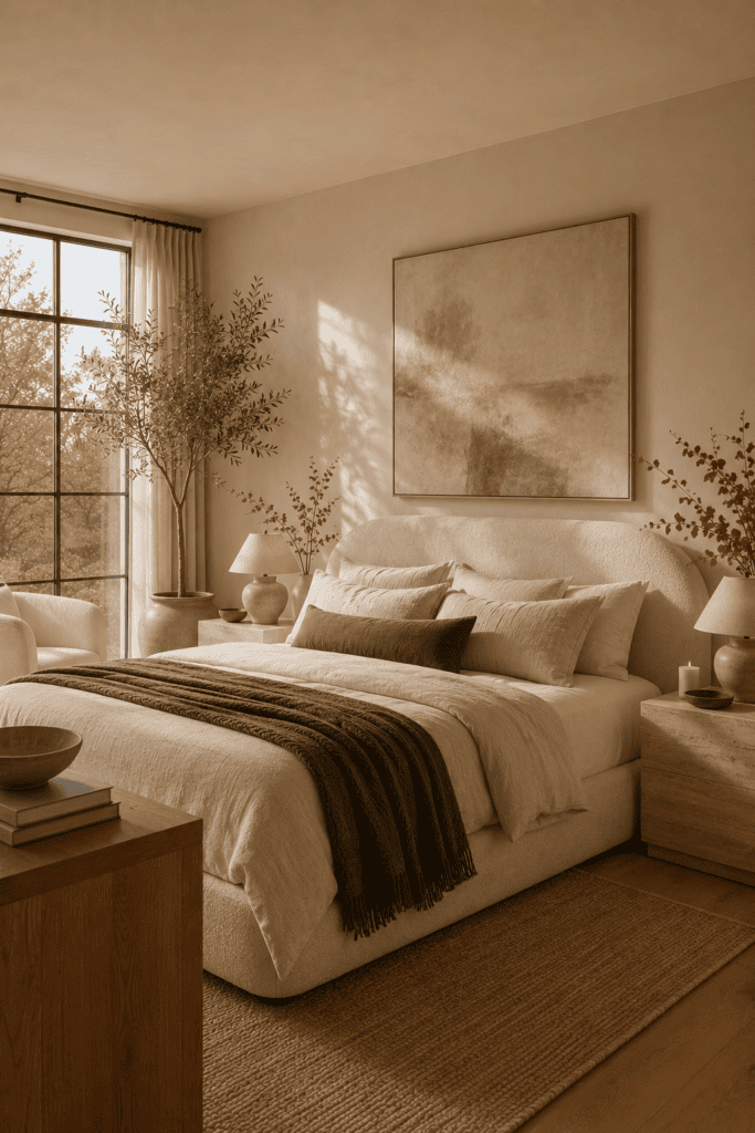 Organic modern bedroom with natural oak, travertine, and cozy fall decor.