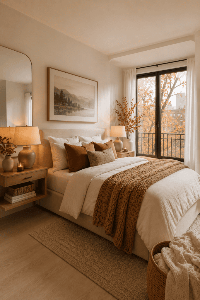 Small bedroom decorated with cozy fall accents and smart space-saving design.