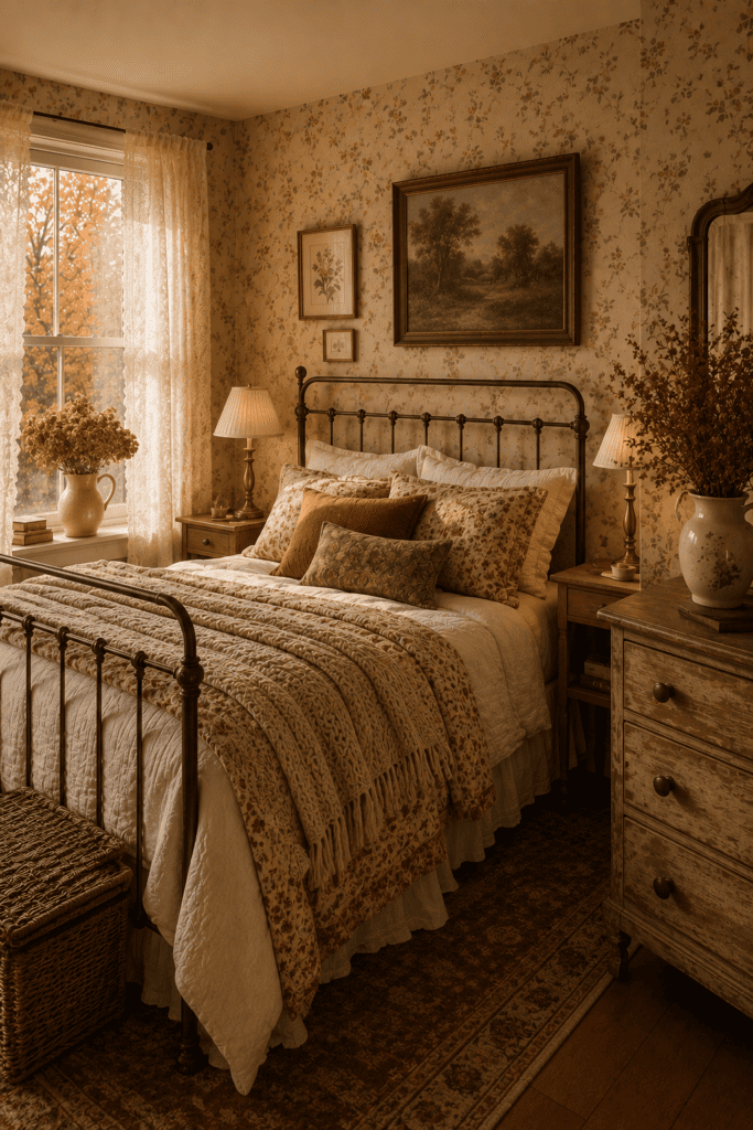 Vintage autumn bedroom with antique furniture and cozy layered quilts.