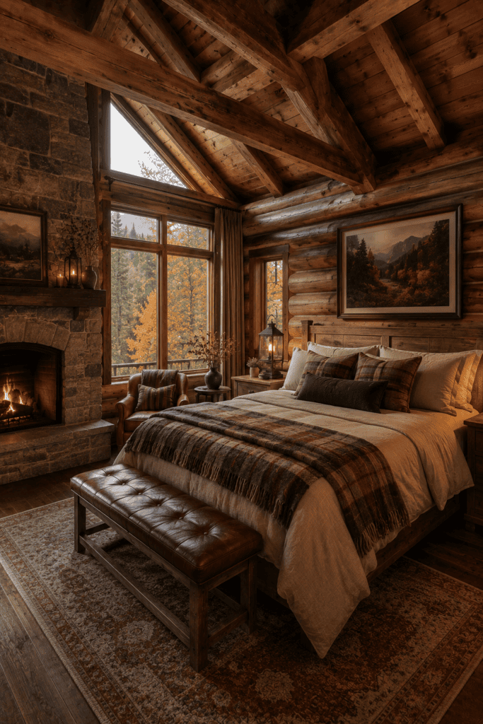 Cozy cabin bedroom with timber beams, plaid blankets, and autumn forest views.