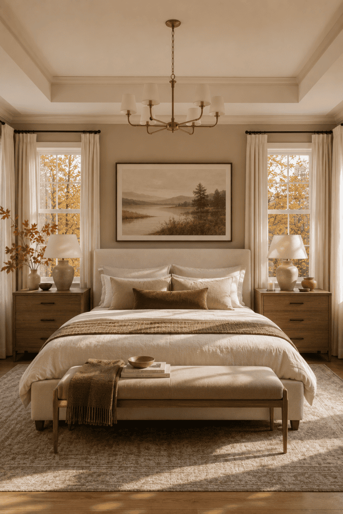 Elegant transitional bedroom with timeless fall styling and neutral decor.
