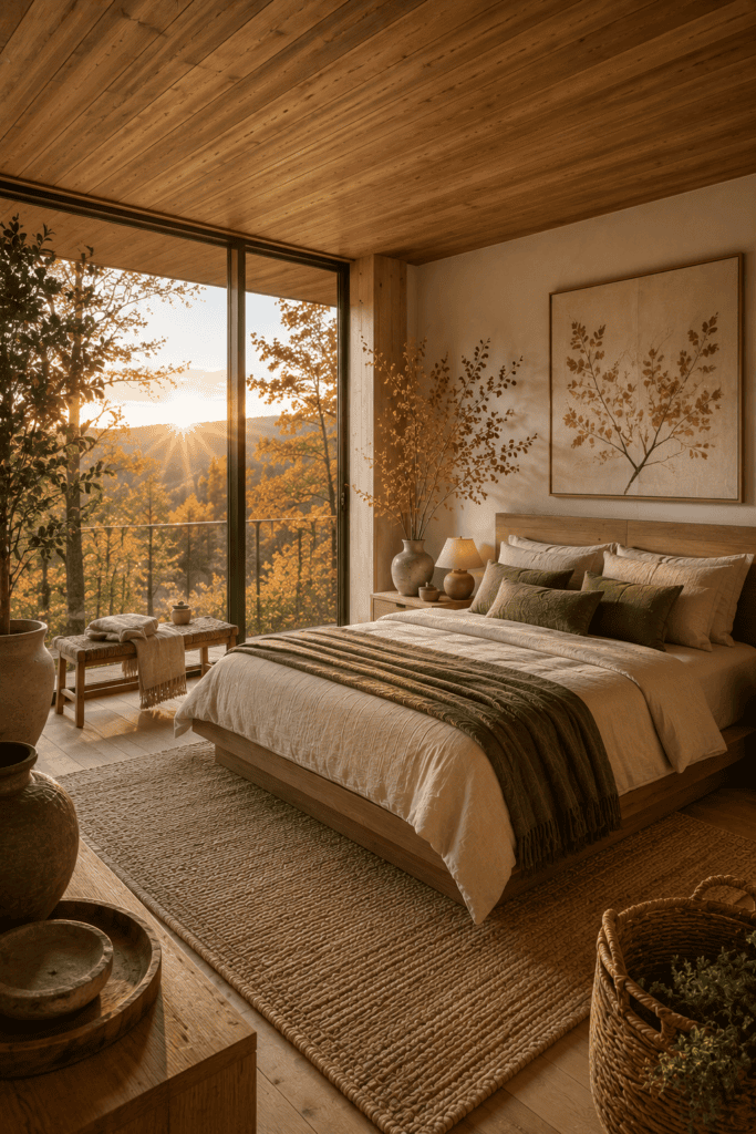 Nature-inspired fall bedroom with forest views, natural wood furniture, and warm autumn sunlight.