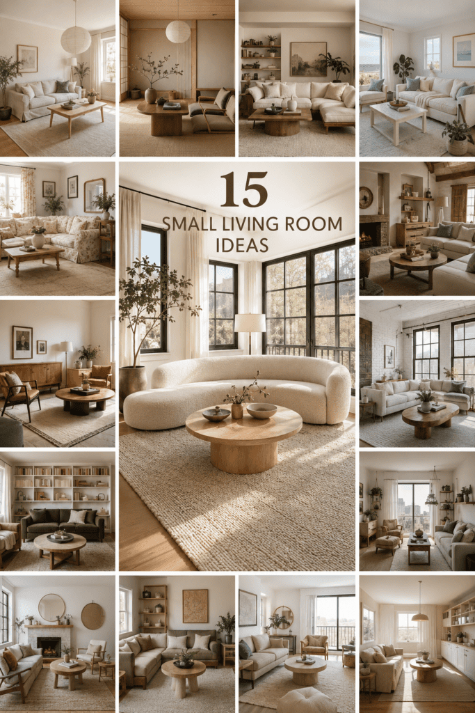 Luxury collage featuring multiple small living room ideas with modern, Scandinavian, Japandi, coastal, and organic styles.
