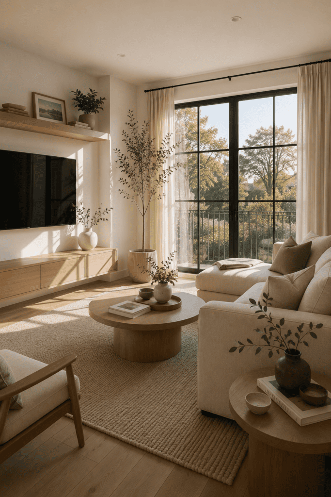 Modern minimalist small living room with neutral furniture and bright natural light.