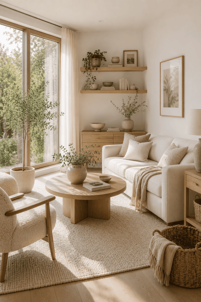 Scandinavian small living room with light wood furniture and cozy neutral styling.