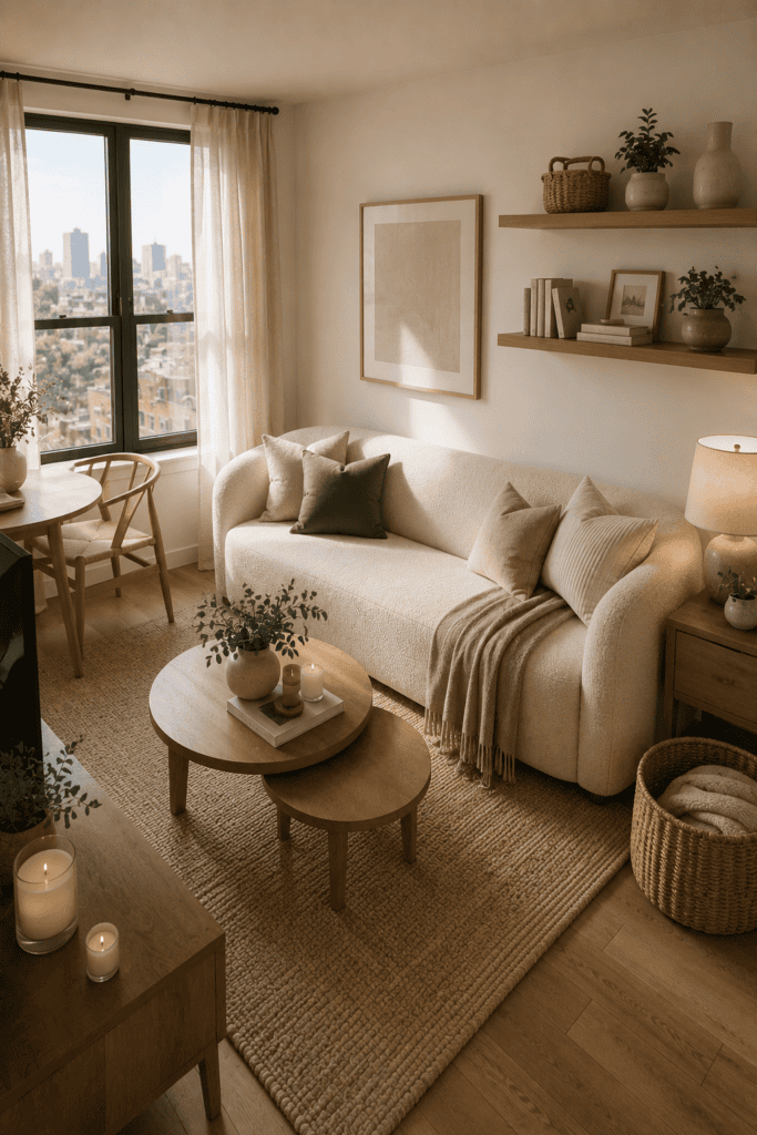 Cozy apartment living room with smart furniture and space-saving design.