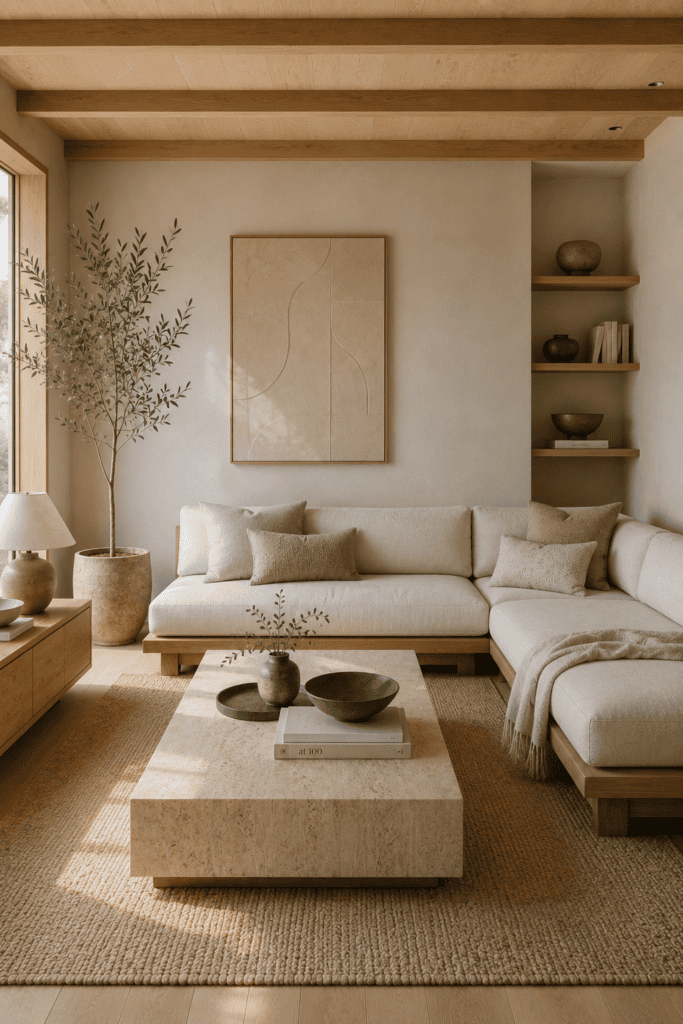 Japandi small living room with natural materials and calming neutral tones.