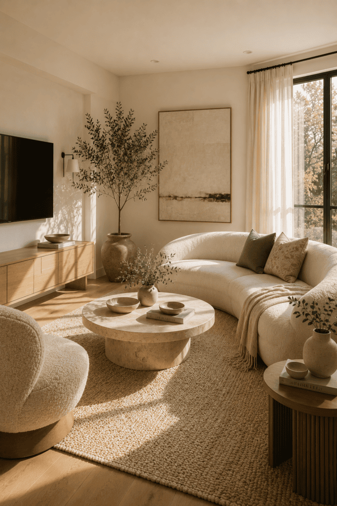 Organic modern small living room featuring natural textures, oak furniture, and soft sunlight.