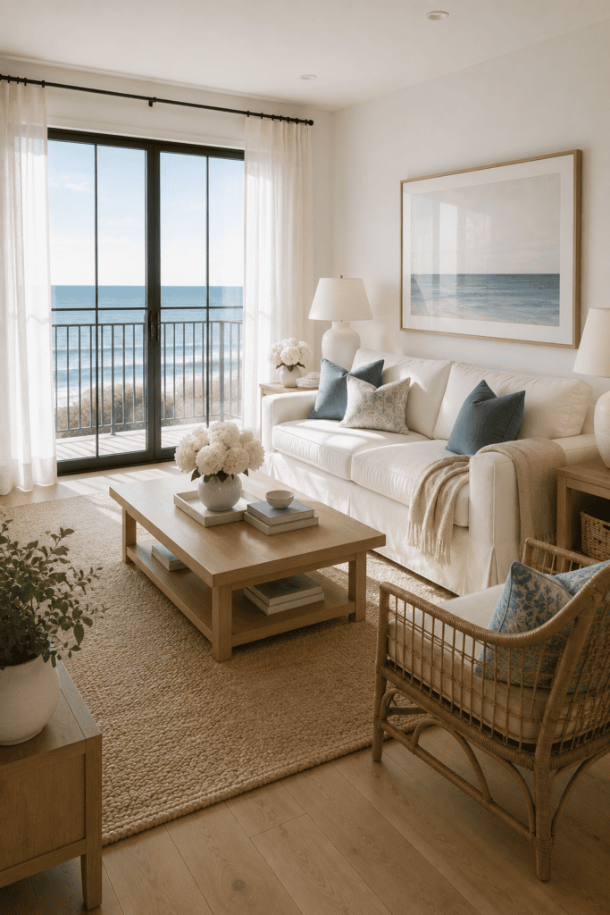 Bright coastal small living room with ocean views, woven textures, and airy neutral decor.