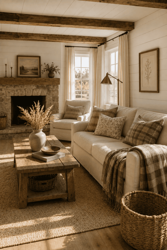 Small rustic farmhouse living room with reclaimed wood, cozy throws, and warm autumn sunlight.