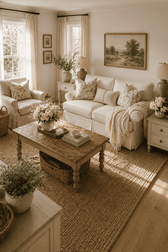 Cozy cottage living room with floral accents, soft textures, and bright natural light.