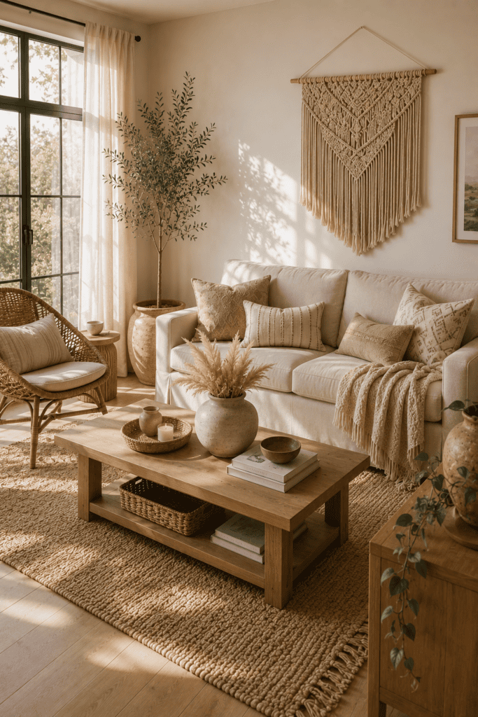 Boho small living room with rattan furniture, pampas grass, and natural textures.