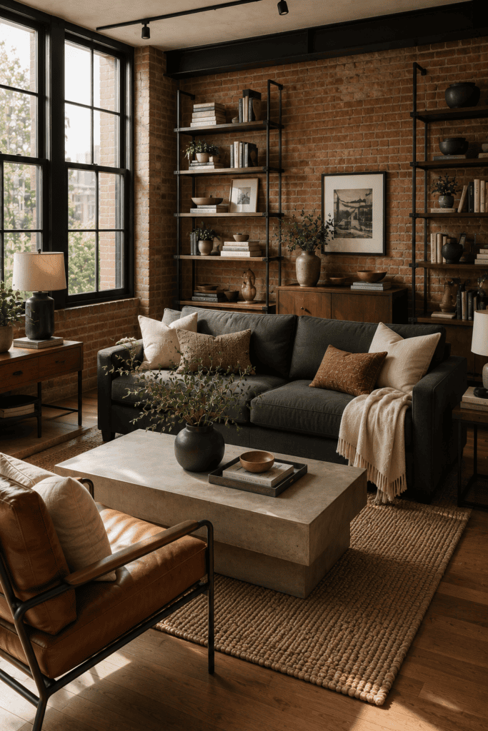 Industrial modern living room with exposed brick, walnut furniture, and natural light.