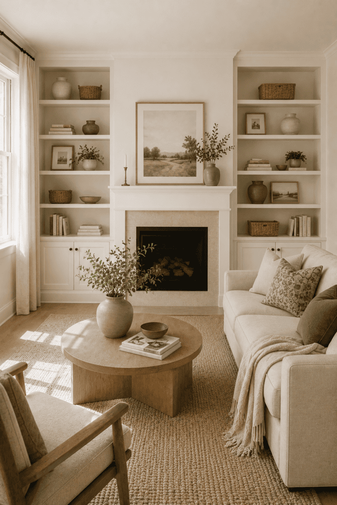 Small living room with elegant built-in shelving and smart storage solutions.