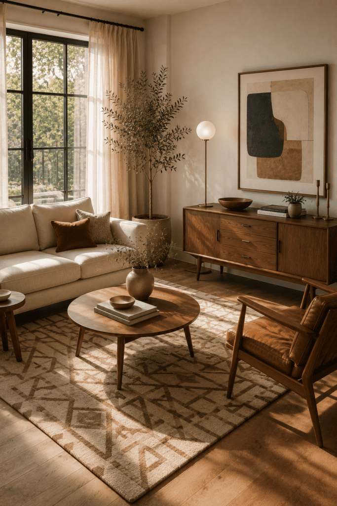 Mid-century modern small living room with walnut furniture and timeless styling.