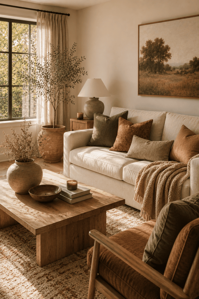 Small living room with warm earth-tone decor, natural wood, and cozy textures.