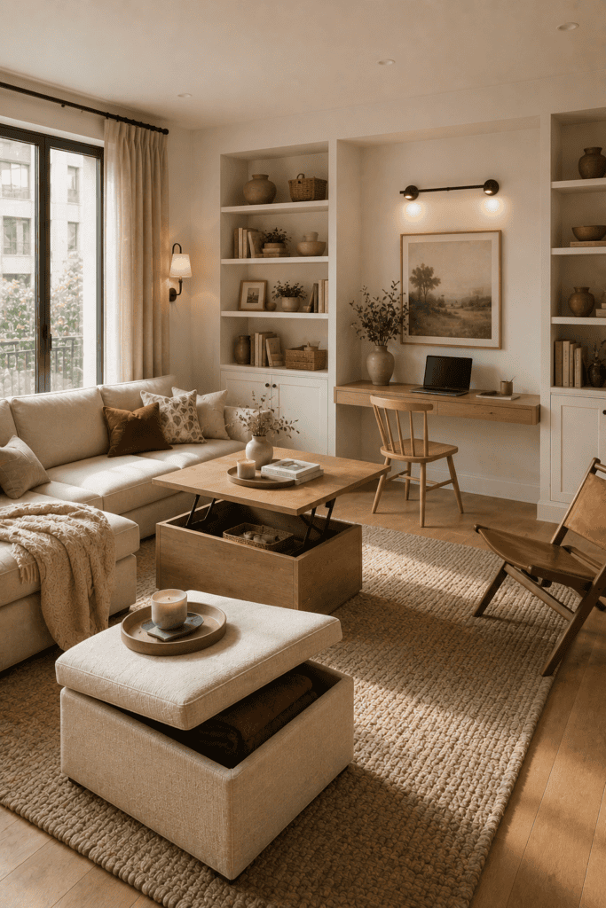 Smart multifunctional small living room with modular furniture, hidden storage, and modern apartment styling.