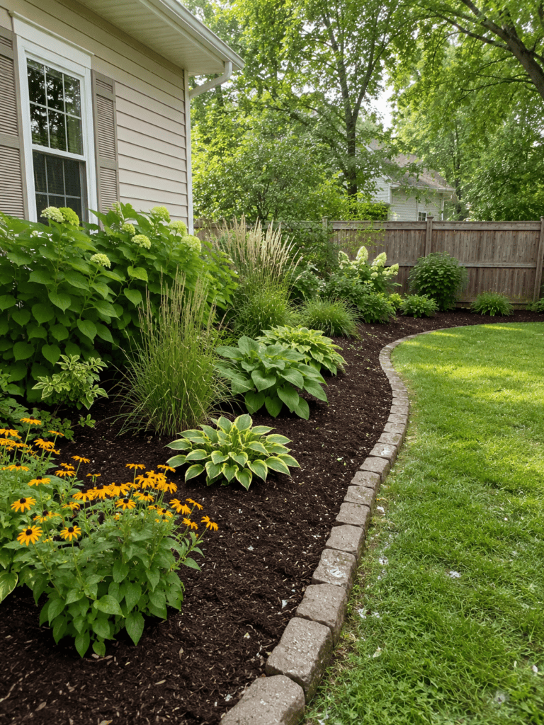 Fresh mulch around simple backyard flower beds.