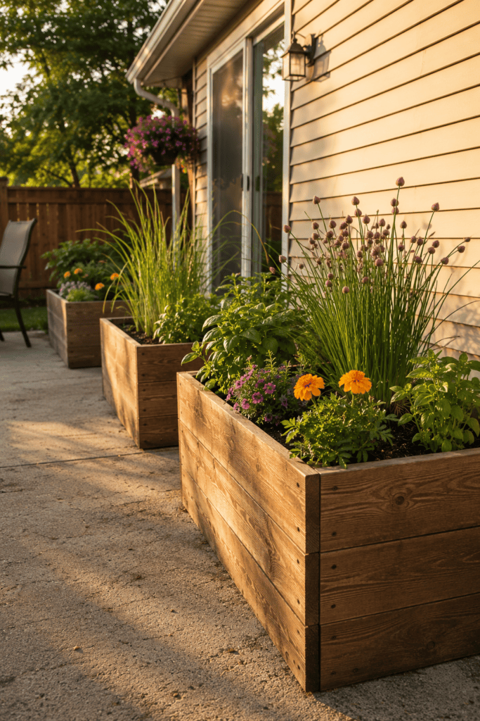 Simple handmade cedar planter boxes decorating an affordable backyard patio.