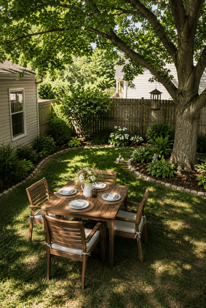 Budget-friendly backyard dining area with a simple wooden table and garden views.