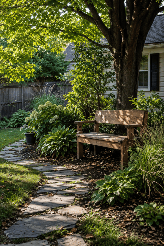 Simple DIY cedar garden bench surrounded by flowers and natural landscaping.