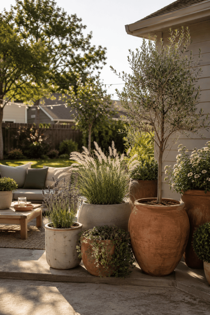 Large container plants decorating a simple suburban backyard patio.