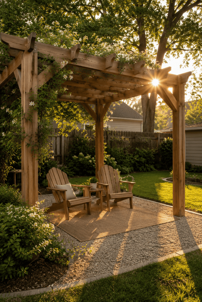DIY cedar pergola creating a cozy backyard seating area on a budget.