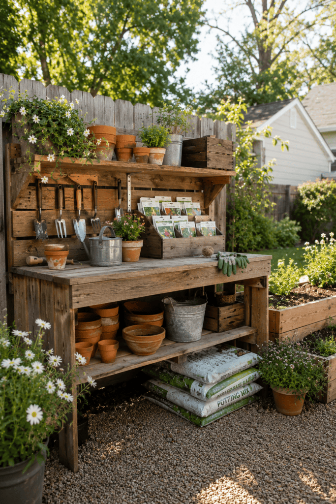 DIY backyard potting station made from reclaimed wood with gardening supplies.
