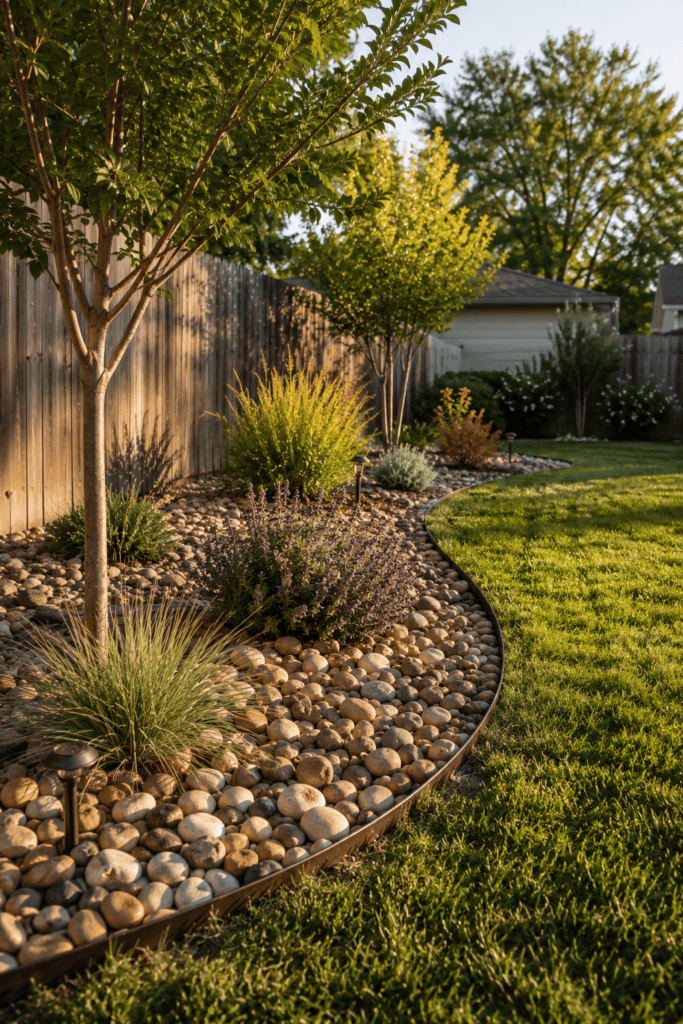 Decorative river rock landscaping in a practical suburban backyard.