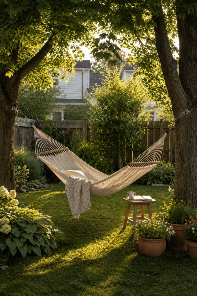 Relaxing DIY backyard hammock surrounded by natural landscaping and warm evening sunlight.