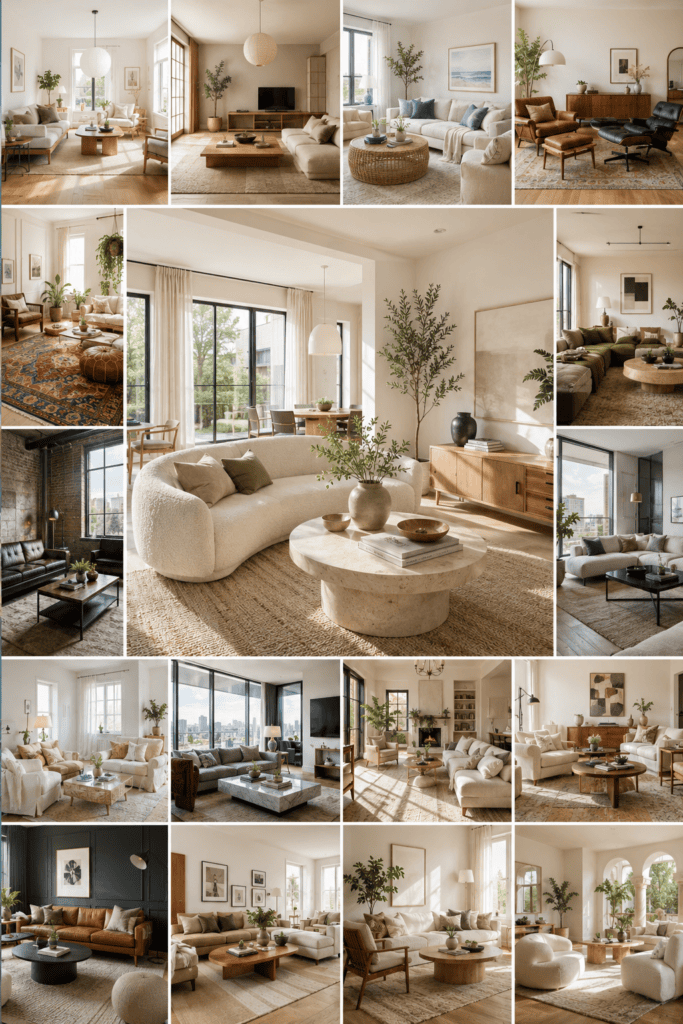 Collage featuring modern apartment living room inspiration with Scandinavian, Japandi, coastal, boho, and contemporary interiors.