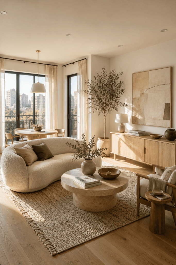 Modern organic apartment living room with a cream sofa, travertine coffee table, and natural oak furniture.