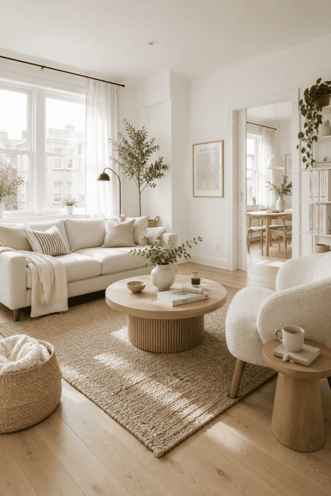 Bright Scandinavian apartment living room with light wood furniture and cozy neutral decor.