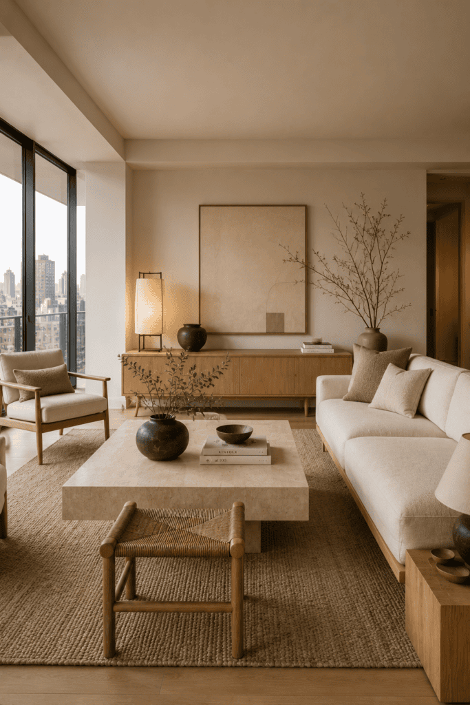 Japandi apartment living room with minimalist furniture and calming natural materials.