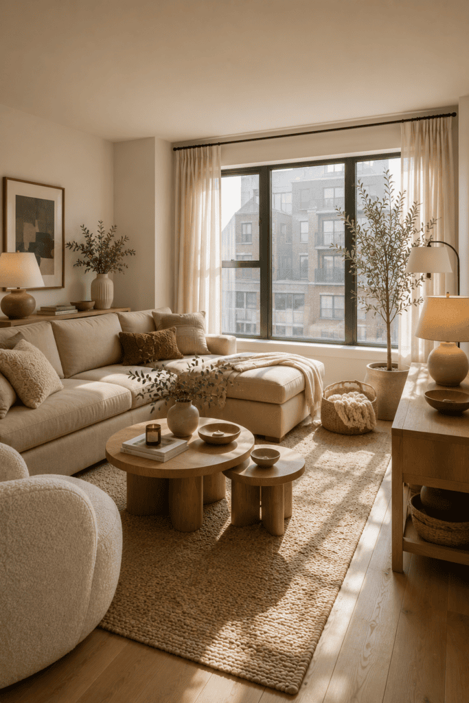 Cozy neutral apartment living room with layered textures and warm natural light.