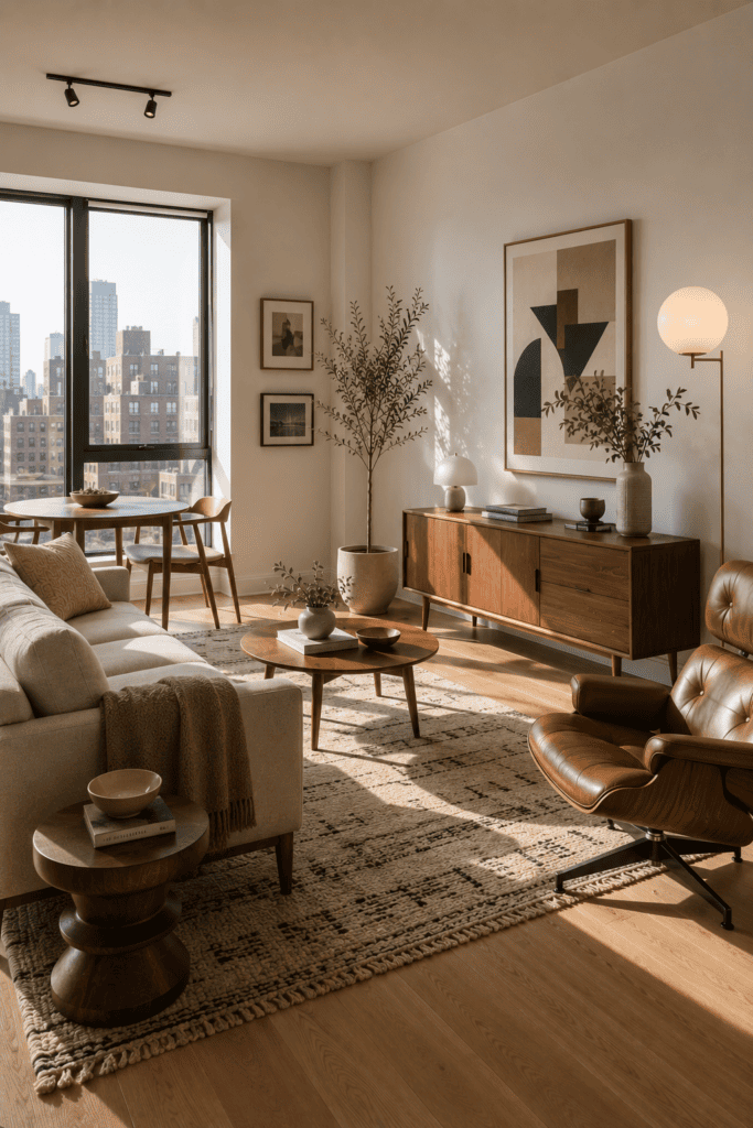 Mid-century modern apartment living room with walnut furniture and timeless design.