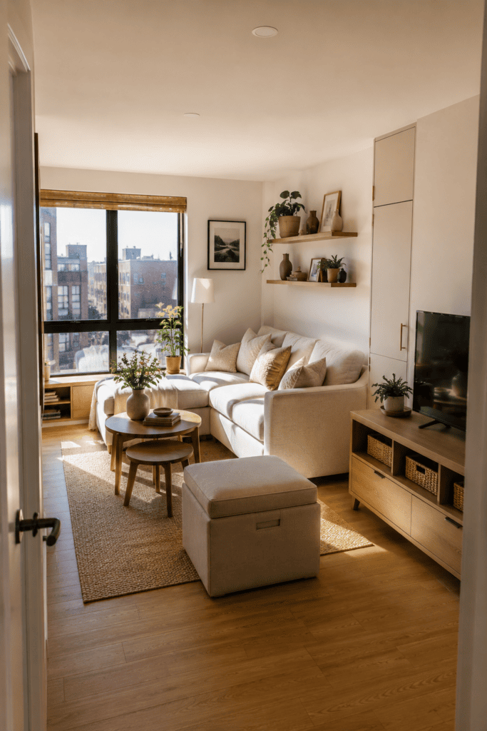 Small apartment living room with smart hidden storage and multifunctional furniture.