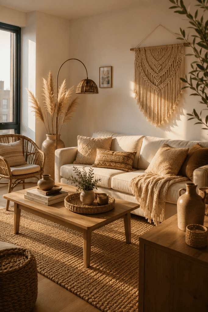 Neutral boho apartment living room with rattan furniture and layered textures.