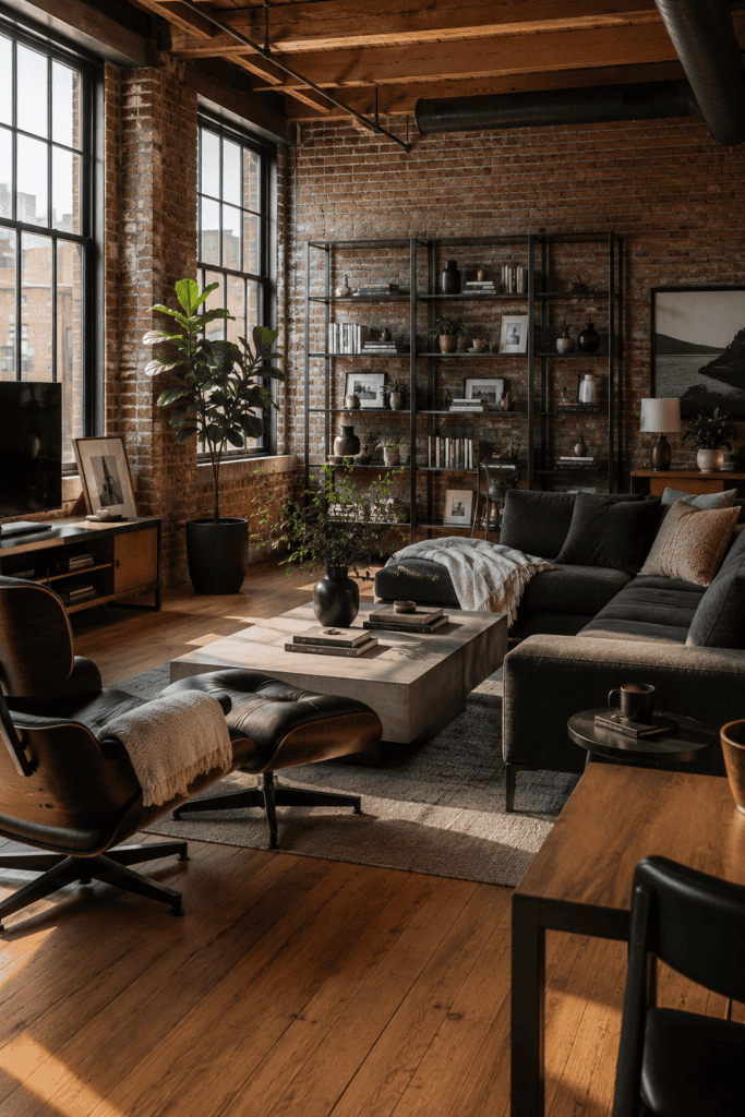 Industrial apartment living room with exposed brick, steel shelving, and warm wood furniture.