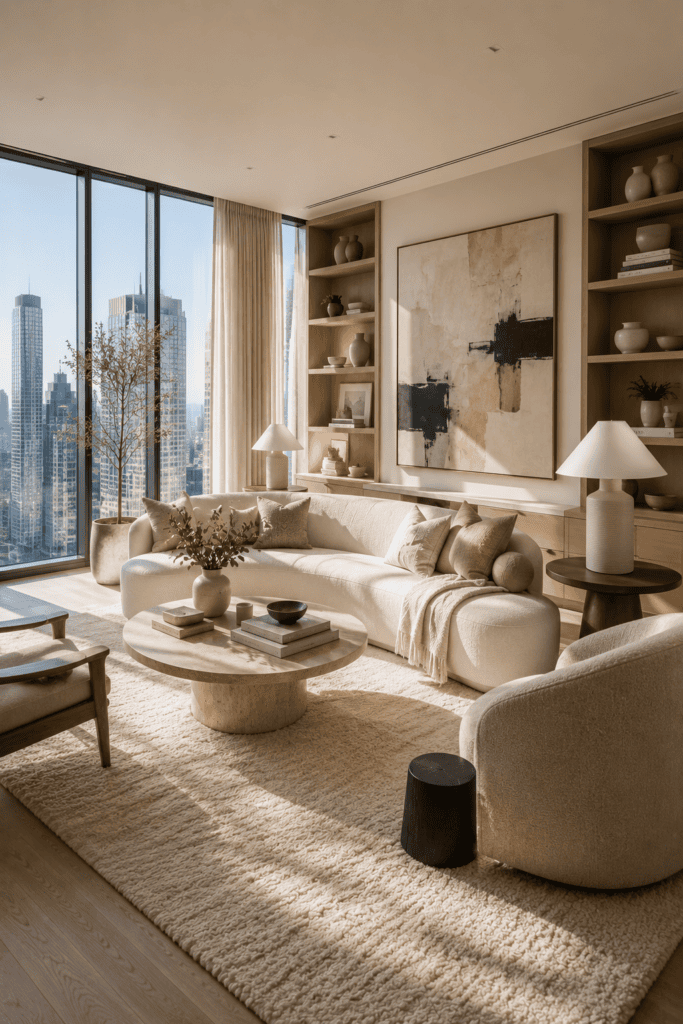 Elegant luxury apartment living room with premium neutral furnishings and city views.