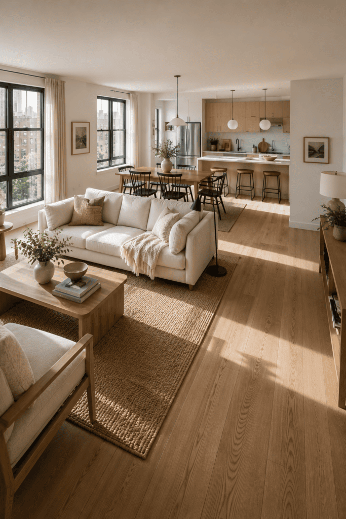 Open-concept apartment with a bright living room connected to the dining and kitchen areas.