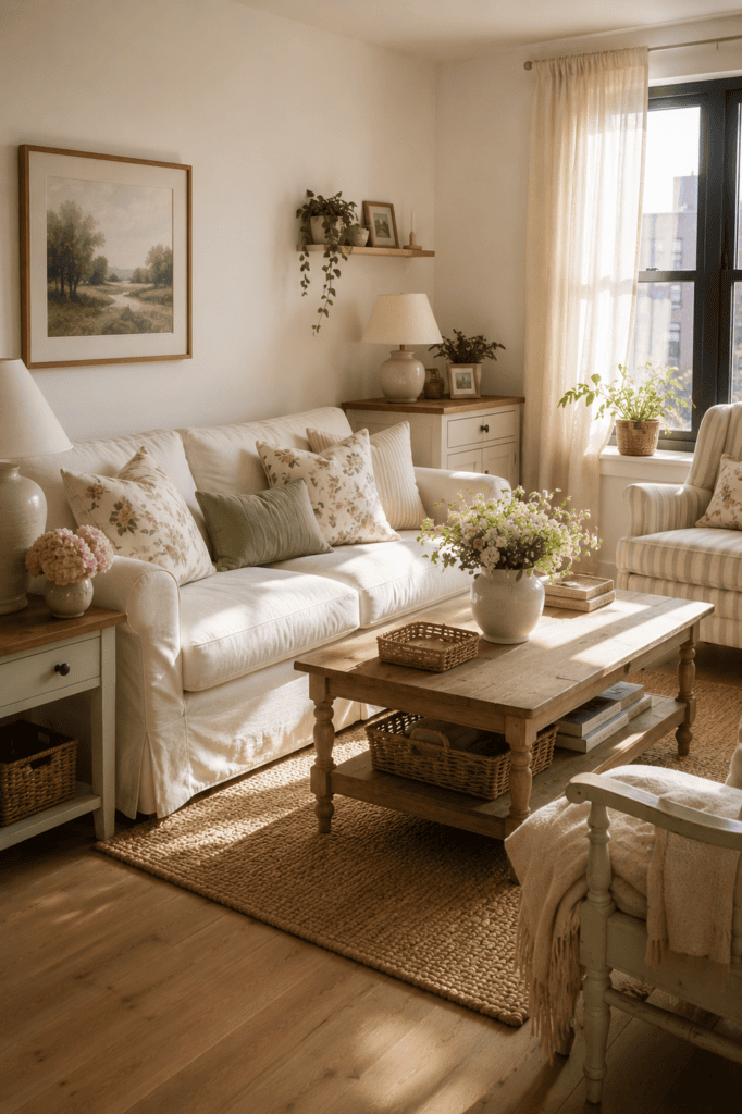 Cozy cottage apartment living room with vintage furniture and soft neutral colors.