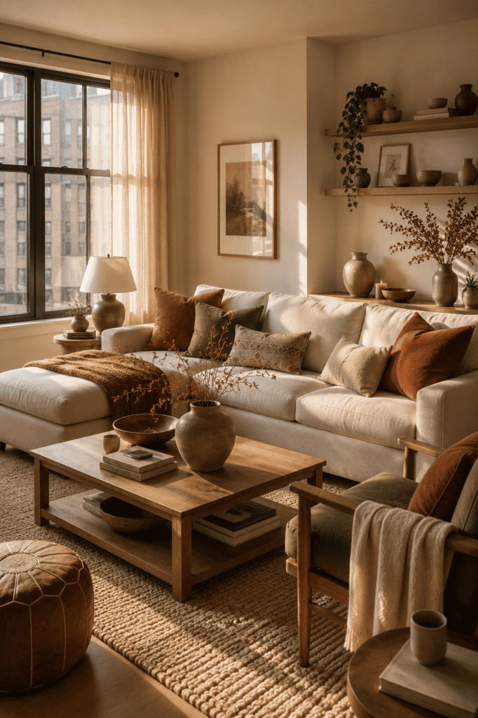 Earth-tone apartment living room with warm natural colors and layered textures.