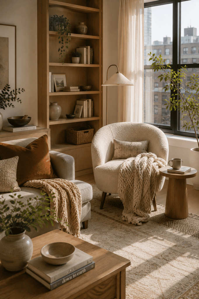 Apartment living room with a cozy reading corner beside a bright window.