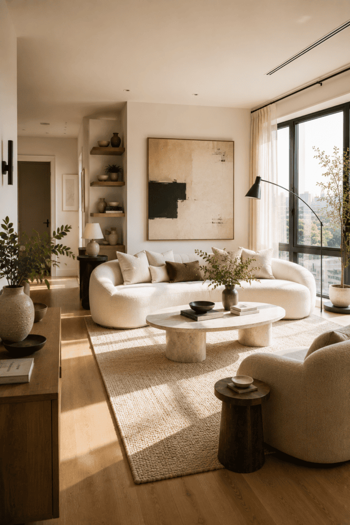 Contemporary apartment living room with sculptural furniture, neutral decor, and abundant natural light.