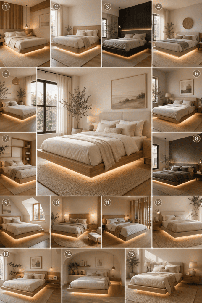 Minimalist bedroom with a natural oak floating platform bed and bright modern styling.