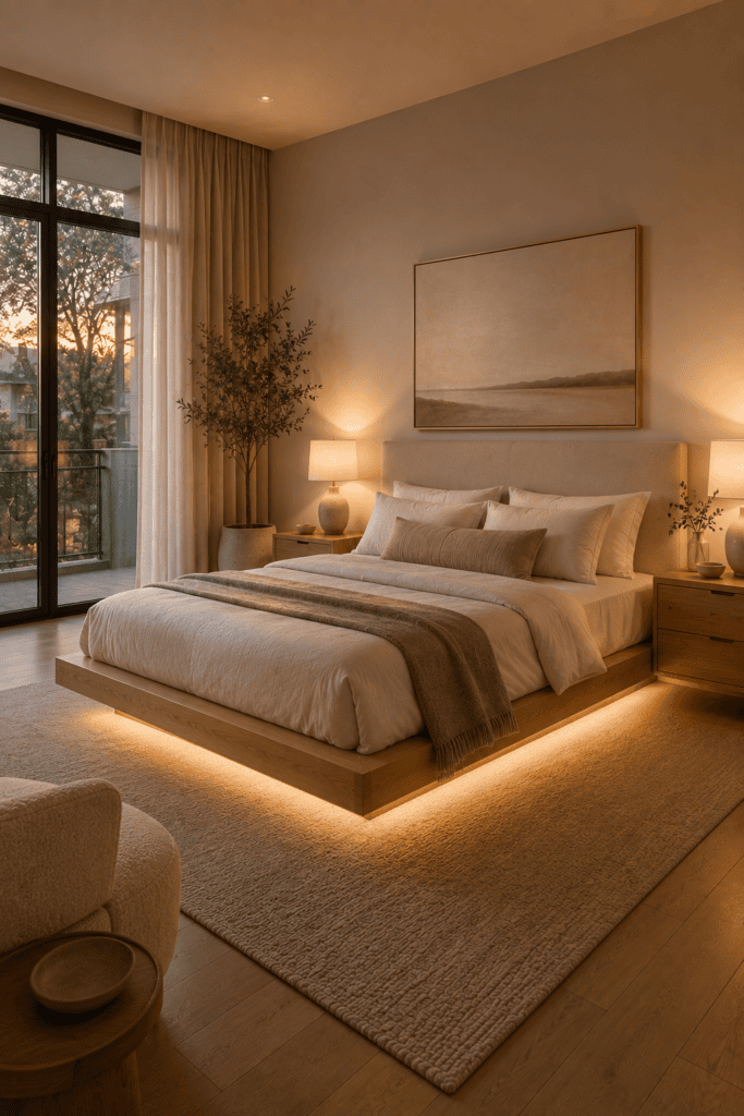 Modern floating bed with warm hidden LED lighting and luxury neutral decor.